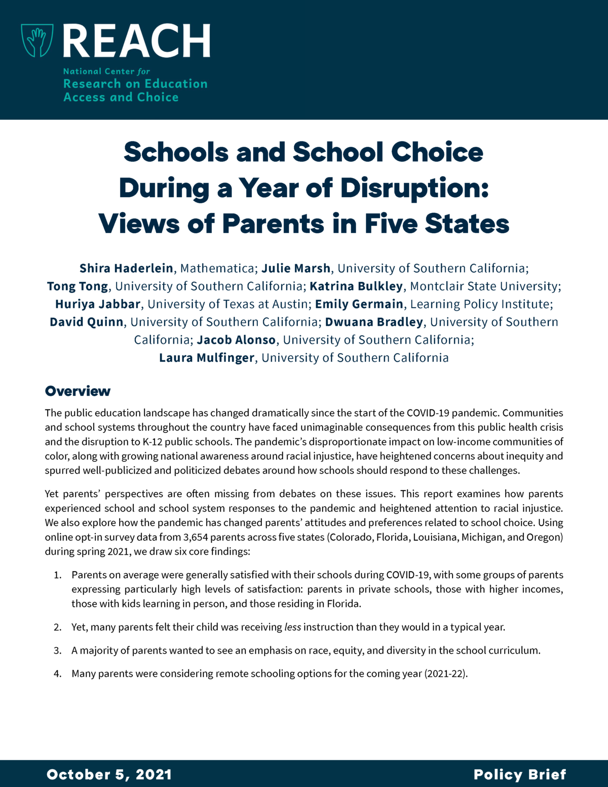20211005 Haderlein et al Schools and school choice during a year of disruption Views of parents in five states Cover